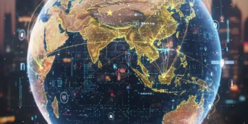Stylized digital globe illustrating US-China diplomatic and economic connections in 2026.