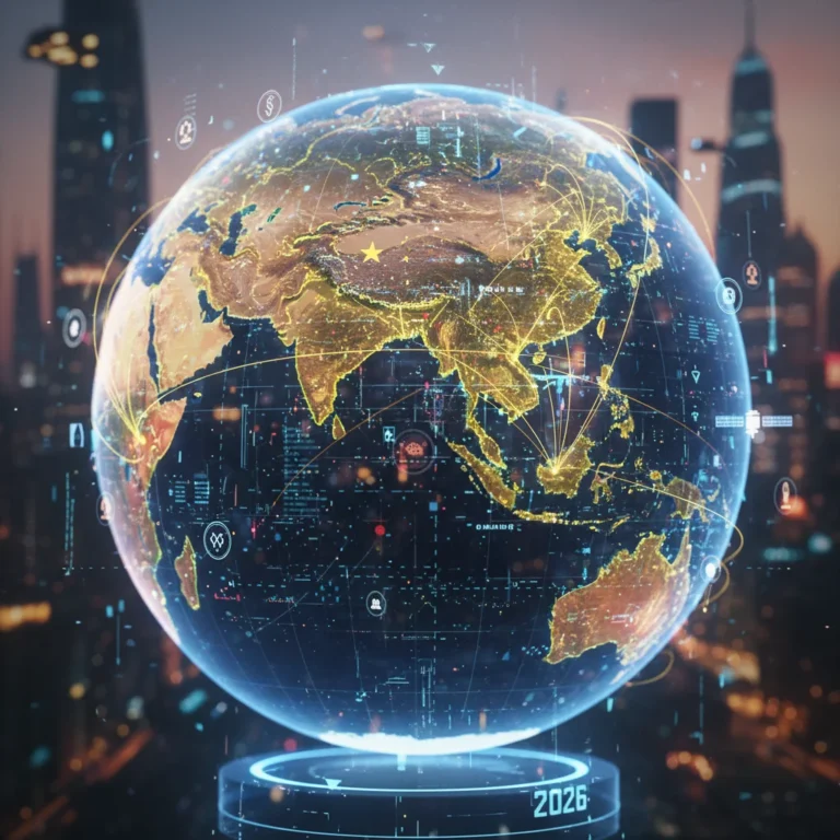 Stylized digital globe illustrating US-China diplomatic and economic connections in 2026.