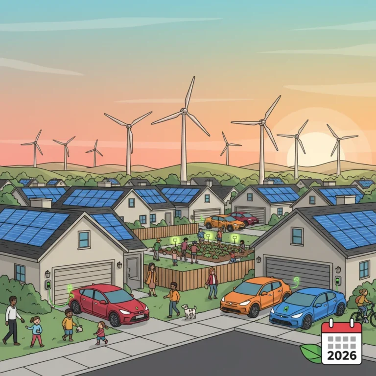 US households adapting to new energy policies in 2026, showing solar panels and electric cars.