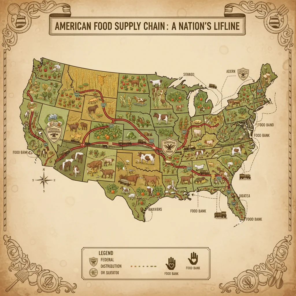 Map of US agricultural regions and food distribution routes, showing federal supply chain infrastructure.