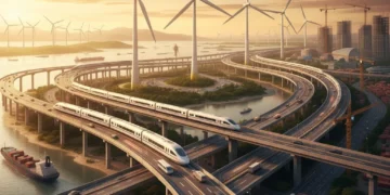 Modern infrastructure projects symbolizing national progress and economic growth from the US Infrastructure Bill.