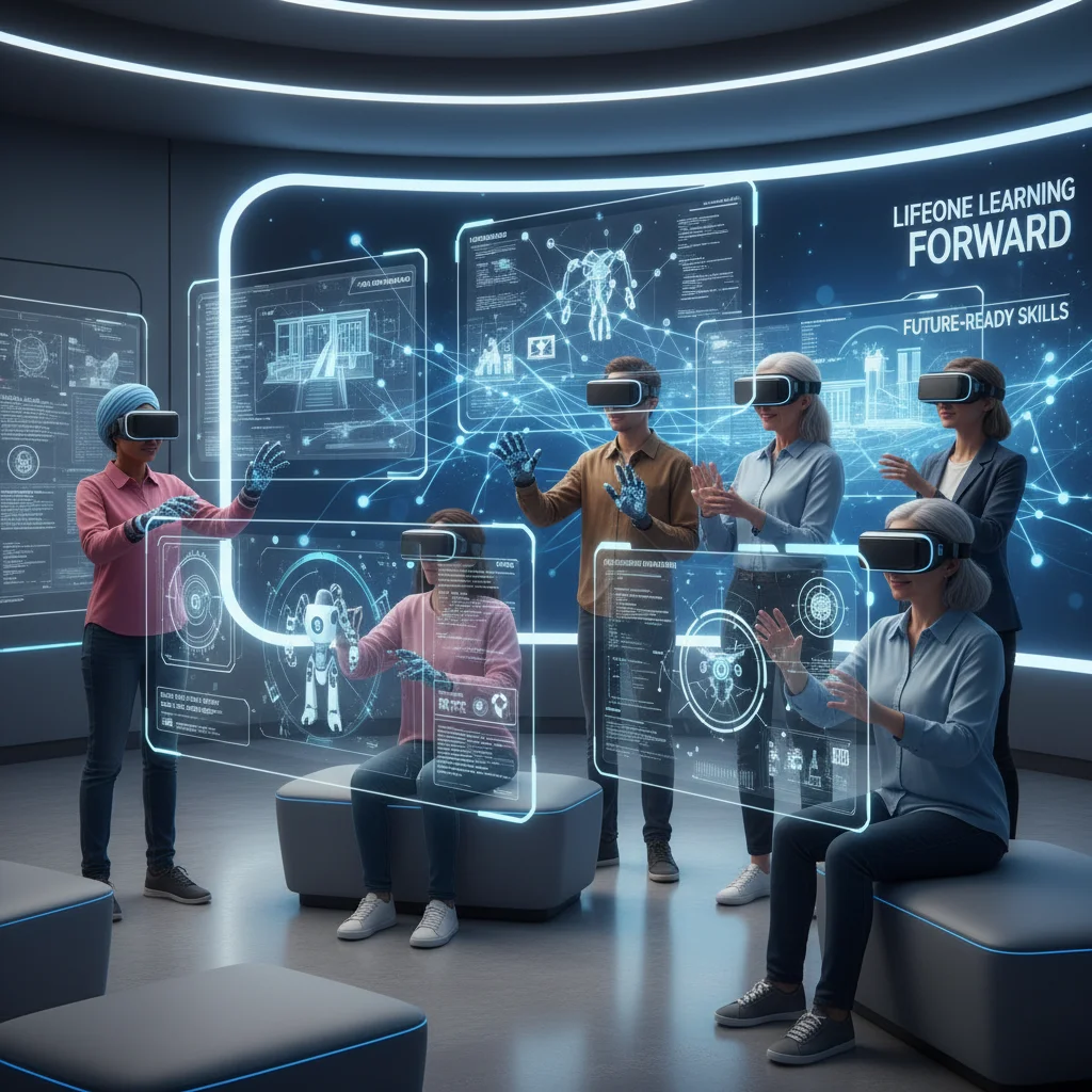 People learning new skills in a virtual reality environment, emphasizing reskilling and continuous education for future jobs.