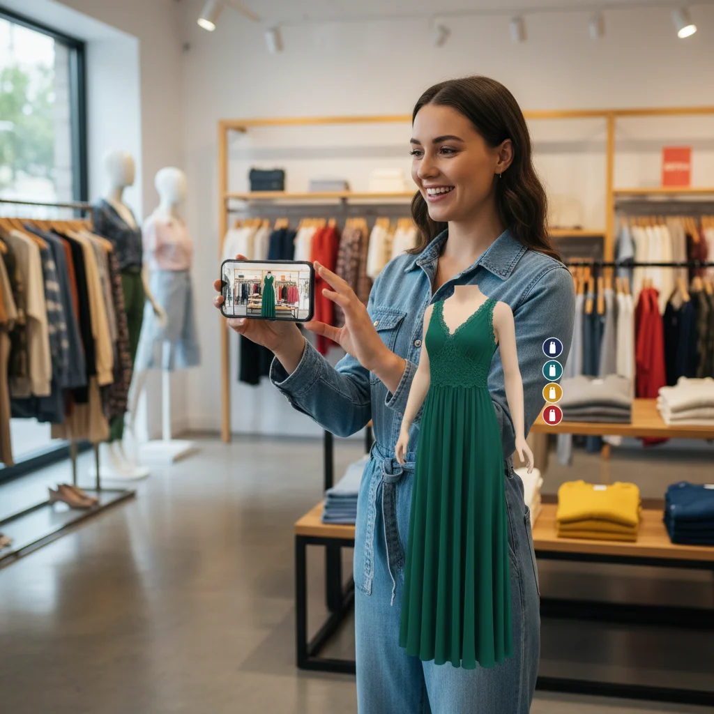 Customer using augmented reality app on smartphone to virtually try on clothes in a retail store.