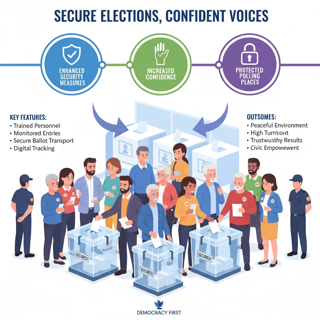 Citizens confidently voting with visible security measures at polling stations
