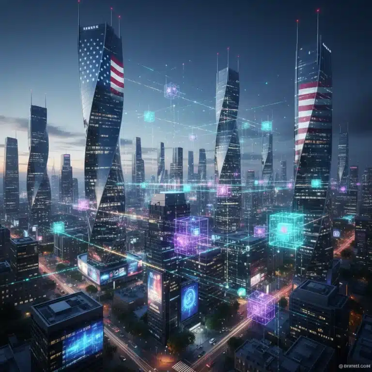 Futuristic digital city representing Web3 infrastructure and decentralized US digital services.