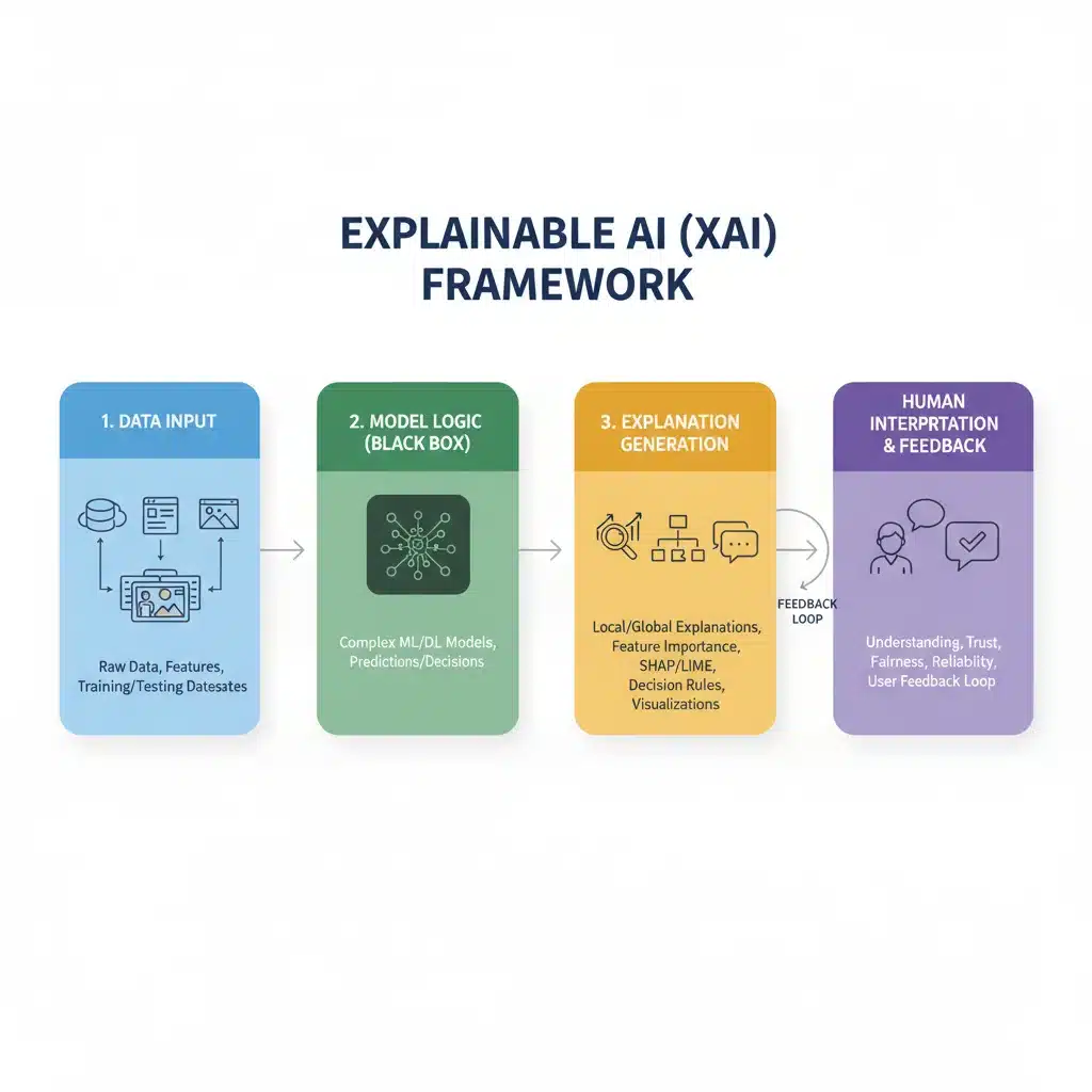 Infographic showing the components and workflow of an XAI framework for transparency.