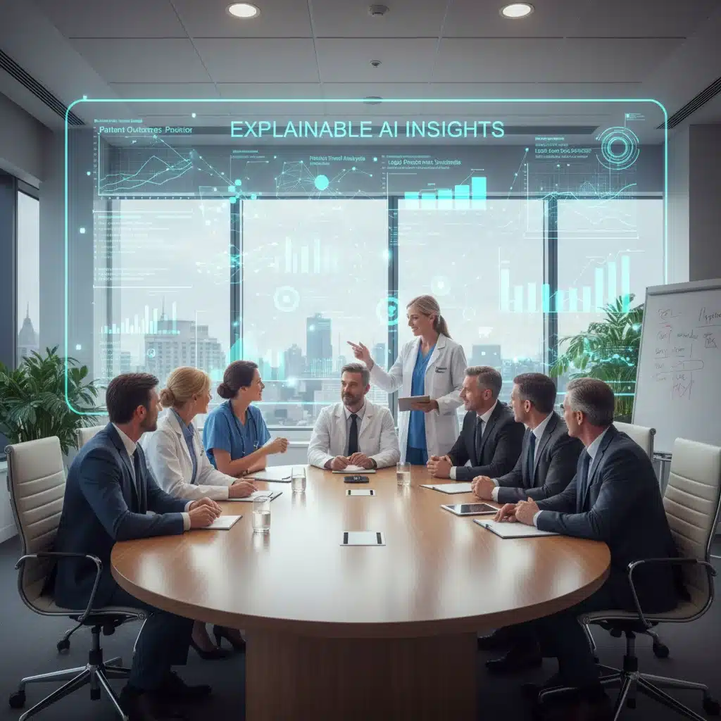Professionals from diverse sectors reviewing AI insights, demonstrating trust in explainable AI.