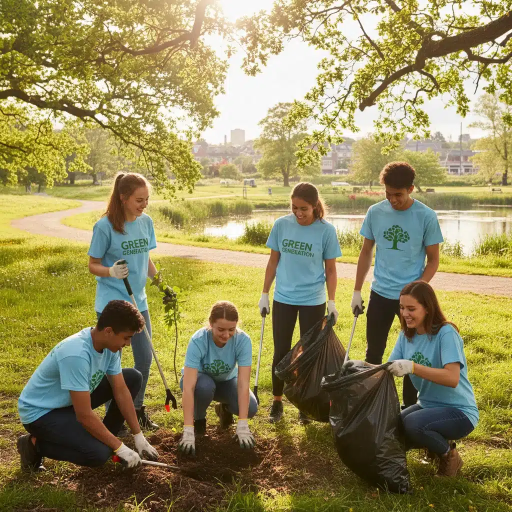 Youth volunteers actively participating in environmental cleanup and community service.