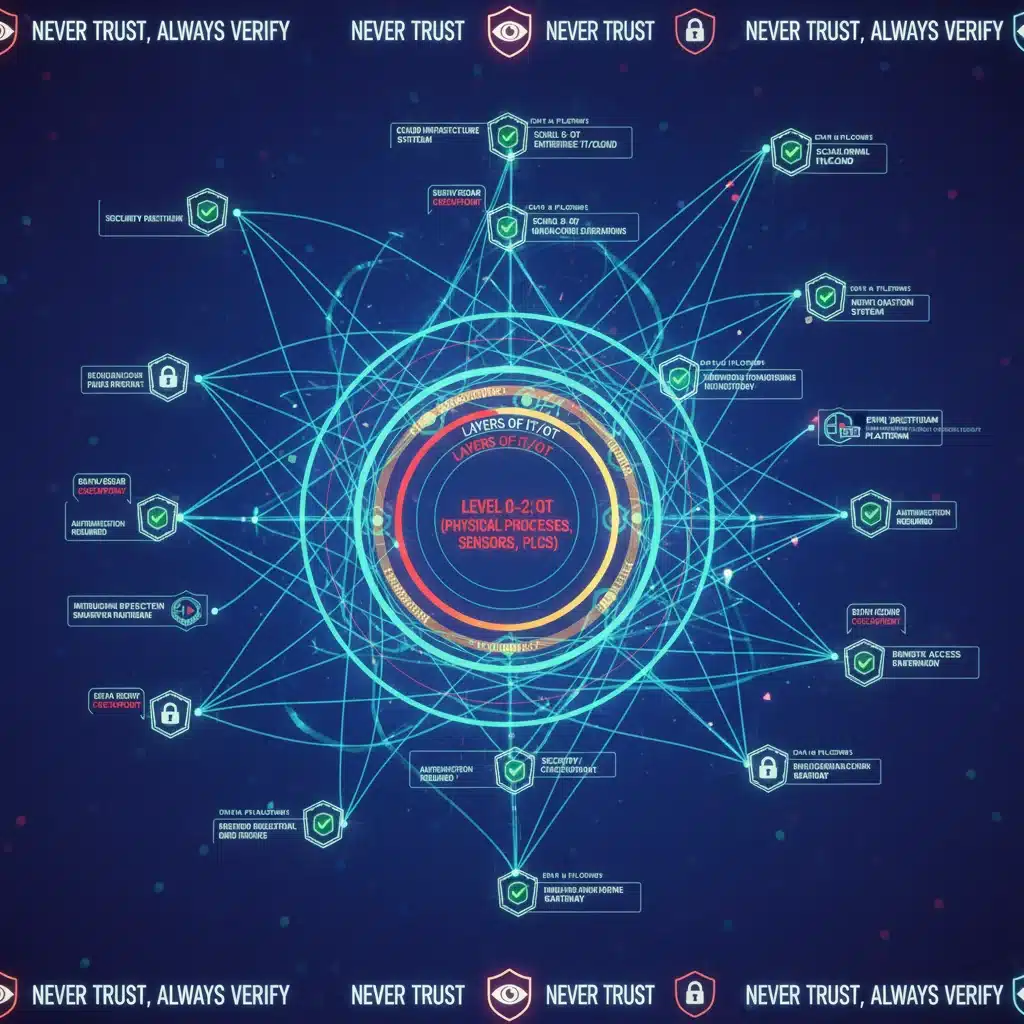 Intricate network diagram illustrating Zero Trust architecture with multiple authentication points and segmented access.