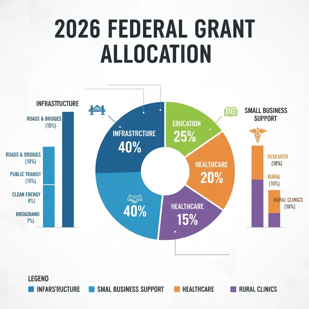 Infographic detailing 2026 federal grant allocation across sectors
