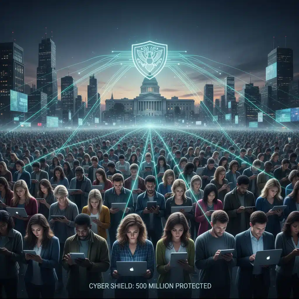 Diverse Americans using digital devices, protected by government cyber security measures.