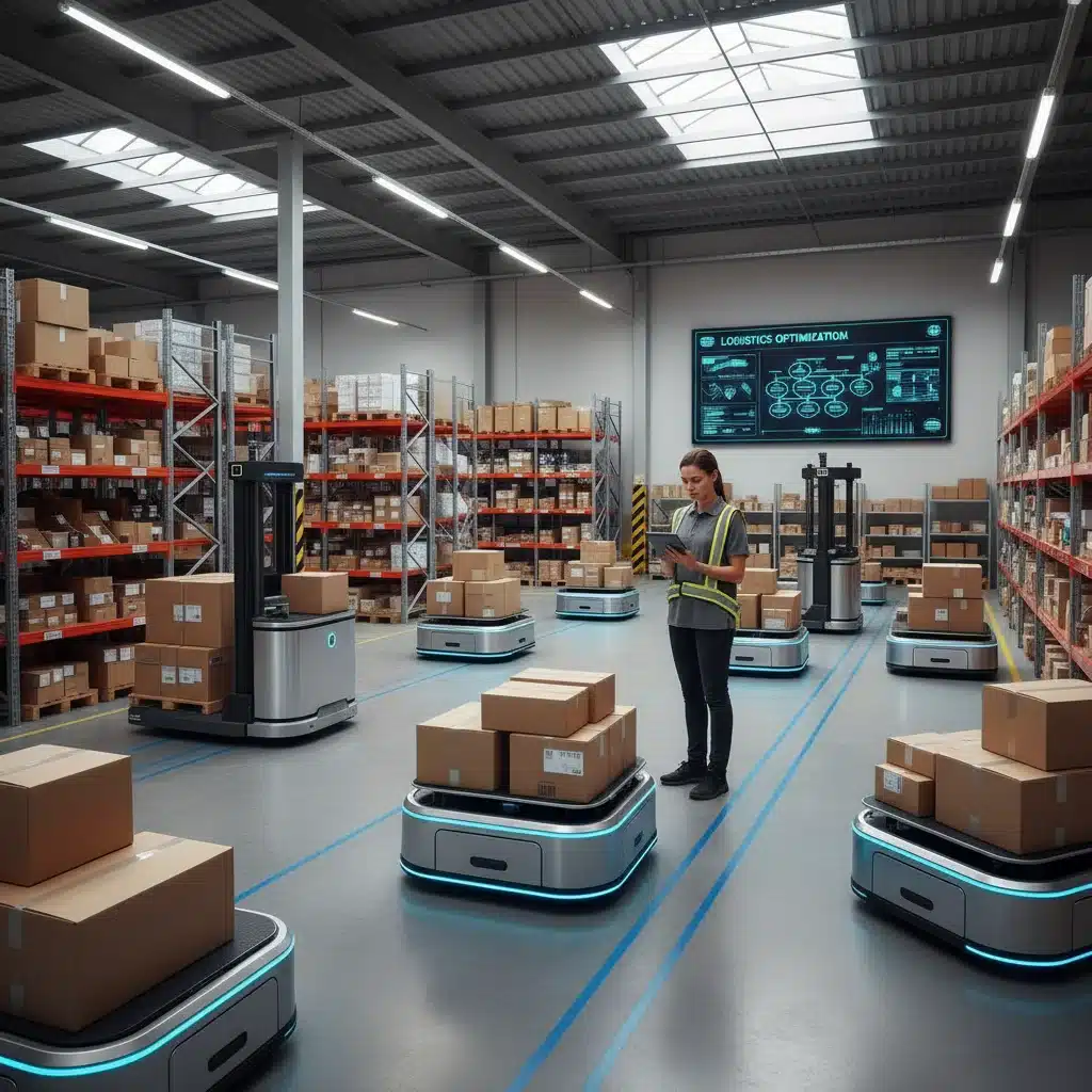 Autonomous mobile robots efficiently transporting goods in a modern warehouse, optimizing logistics and supply chain operations.