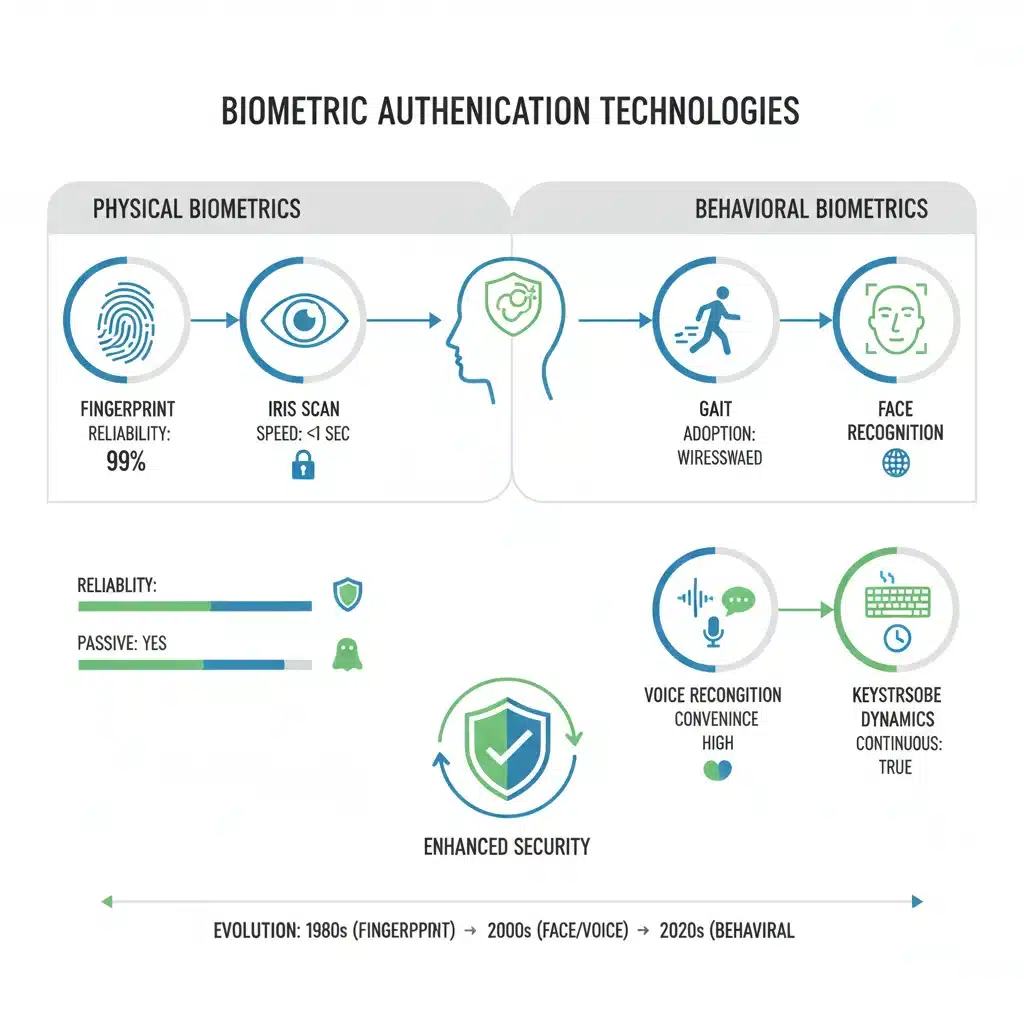 Infographic showing various biometric authentication technologies and their applications