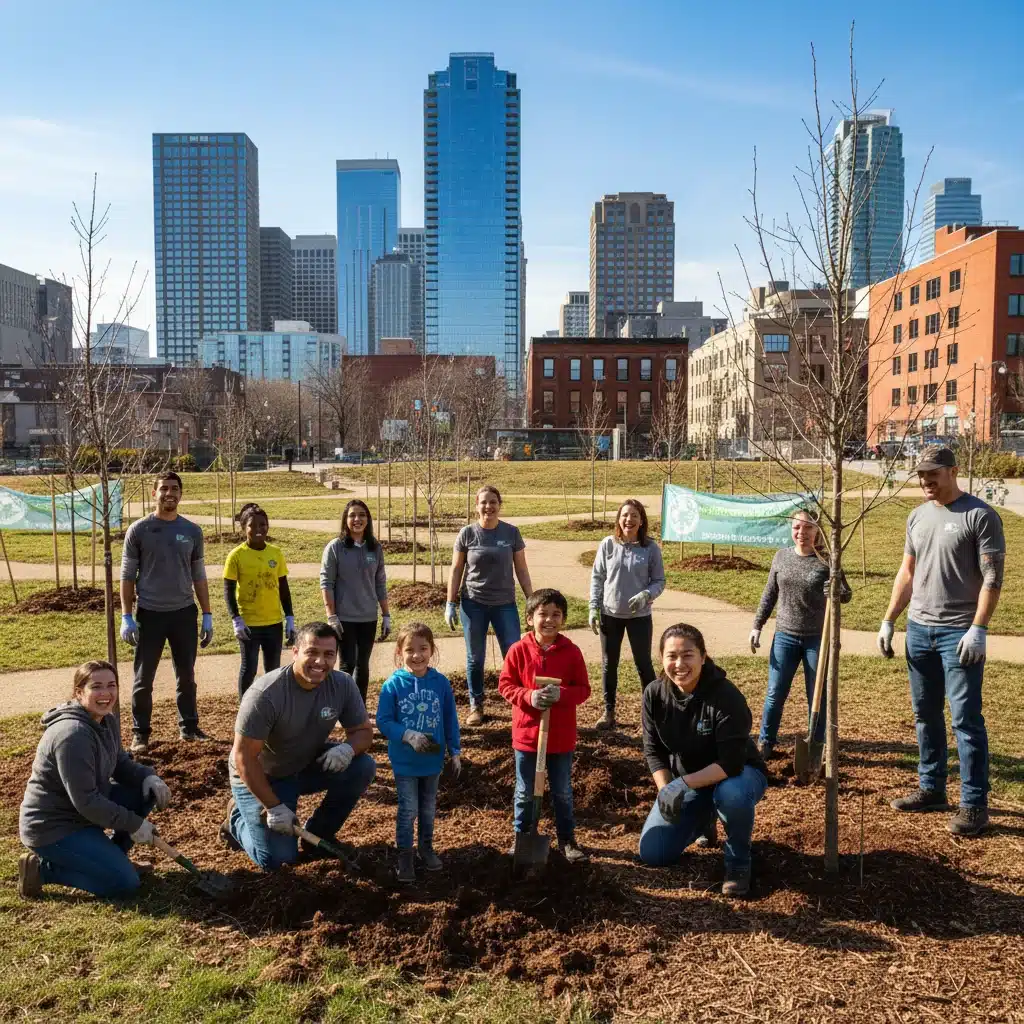 Community members engaged in urban tree planting and environmental restoration