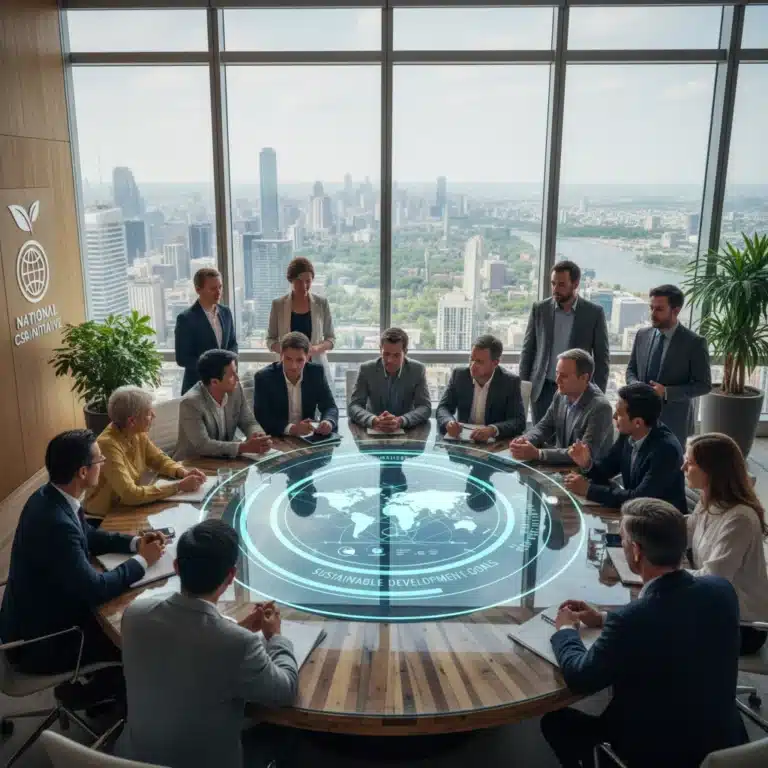 Business leaders collaborating on sustainable national development strategies