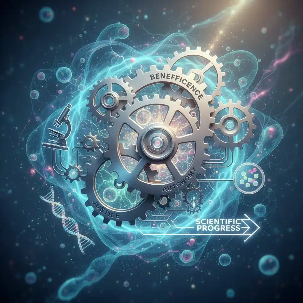 Interlocking gears symbolizing ethical principles guiding synthetic biology innovation.