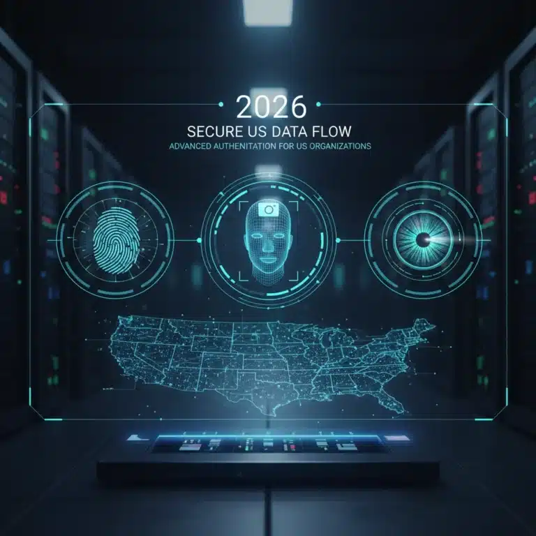 Futuristic biometric authentication interface for US organizations 2026