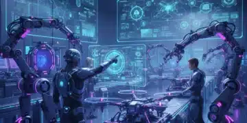 Advanced industrial robots working collaboratively in a futuristic smart factory environment, showcasing automation and efficiency.