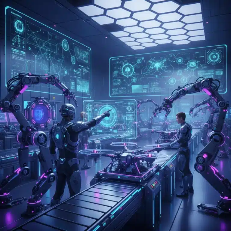 Advanced industrial robots working collaboratively in a futuristic smart factory environment, showcasing automation and efficiency.