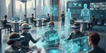 Futuristic office with remote collaboration tech
