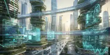 Futuristic smart city skyline with integrated technology and green infrastructure