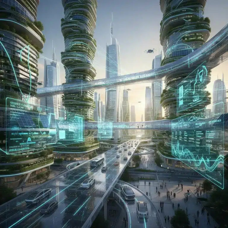 Futuristic smart city skyline with integrated technology and green infrastructure