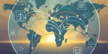 Global immigration policy reforms 2026, interconnected world map with legal symbols