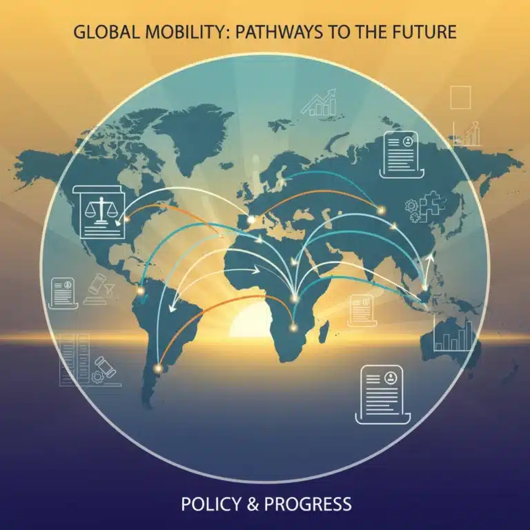 Global immigration policy reforms 2026, interconnected world map with legal symbols