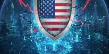 Stylized digital shield protecting a network of data, representing government cyber security measures for American citizens.