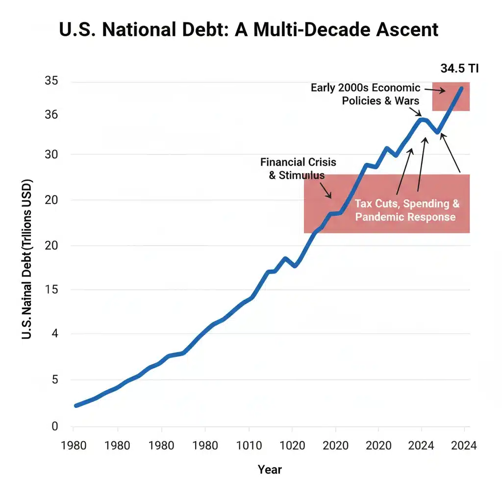 Historical graph showing the upward trend of U.S. national debt over time