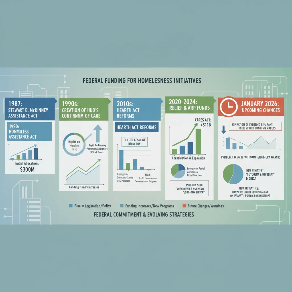 Infographic detailing the historical and projected federal funding allocations for homelessness initiatives.
