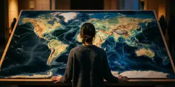 A woman observing an illuminated 3D topographical world map, depicting shifting geopolitical power dynamics and economic trade routes with green lines.