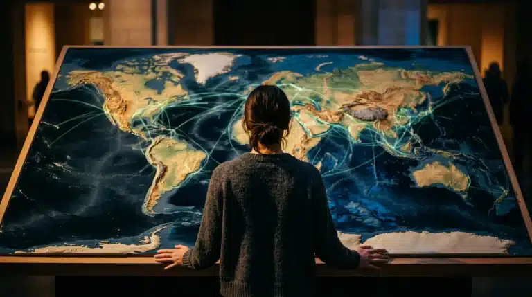 A woman observing an illuminated 3D topographical world map, depicting shifting geopolitical power dynamics and economic trade routes with green lines.