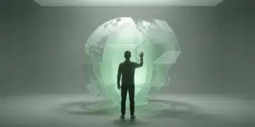 A person observing a minimalist, geometric green sculpture of a fragmented globe, representing shifting global power dynamics and emerging alliances.