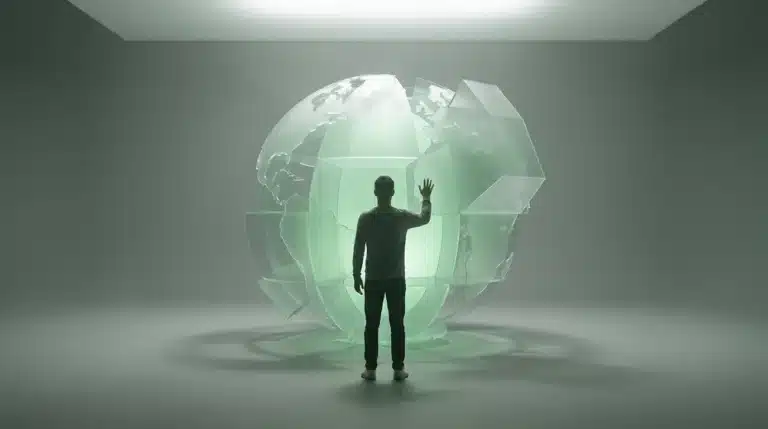 A person observing a minimalist, geometric green sculpture of a fragmented globe, representing shifting global power dynamics and emerging alliances.
