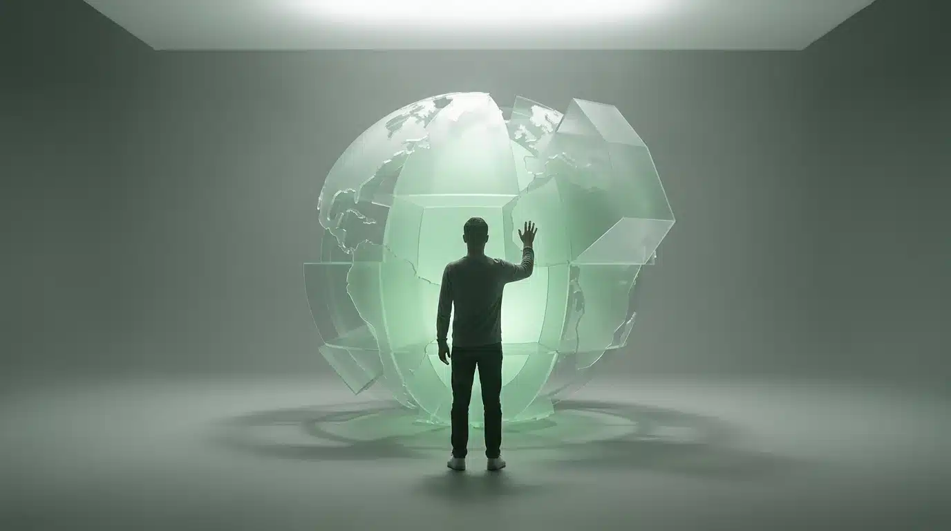A person observing a minimalist, geometric green sculpture of a fragmented globe, representing shifting global power dynamics and emerging alliances.