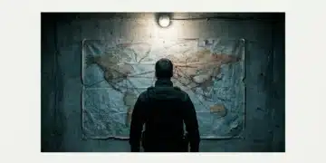 An individual in a tactical jacket analyzes a complex, string-laden world map on a concrete wall under harsh lighting, symbolizing geopolitical strategy and global conflicts.
