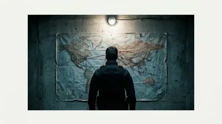 An individual in a tactical jacket analyzes a complex, string-laden world map on a concrete wall under harsh lighting, symbolizing geopolitical strategy and global conflicts.
