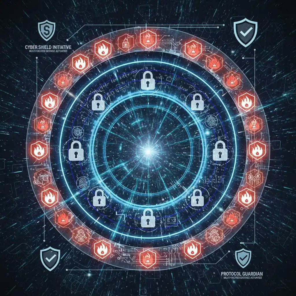 Complex digital network with security protocols, symbolizing multi-layered cyber security directives.