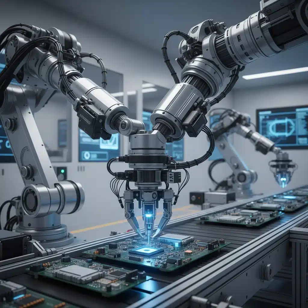 Precision robotic arm assembling electronic components in a high-tech manufacturing facility, demonstrating advanced automation.