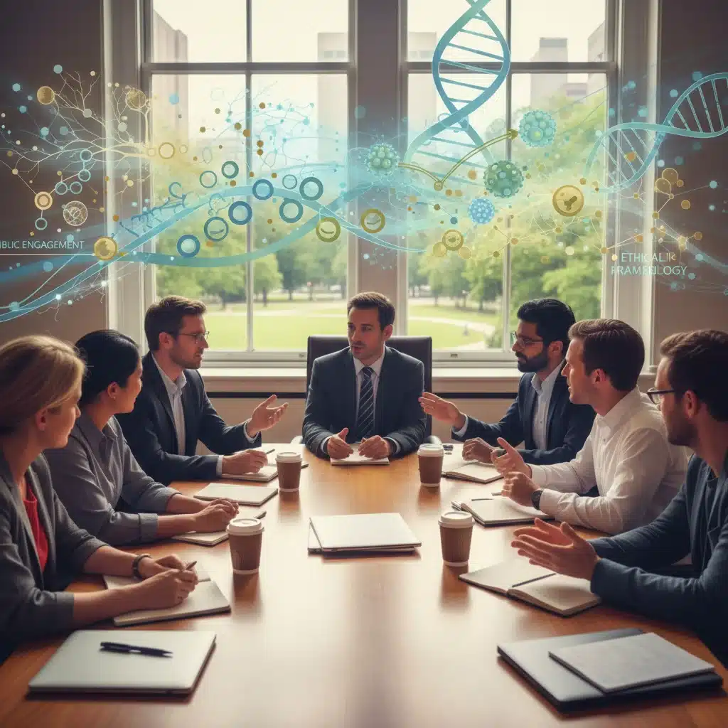 Diverse stakeholders discussing the ethical implications of synthetic biology in a collaborative setting.