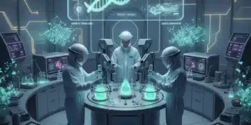 Scientists conducting synthetic biology research in a modern lab, emphasizing ethical considerations and future development.