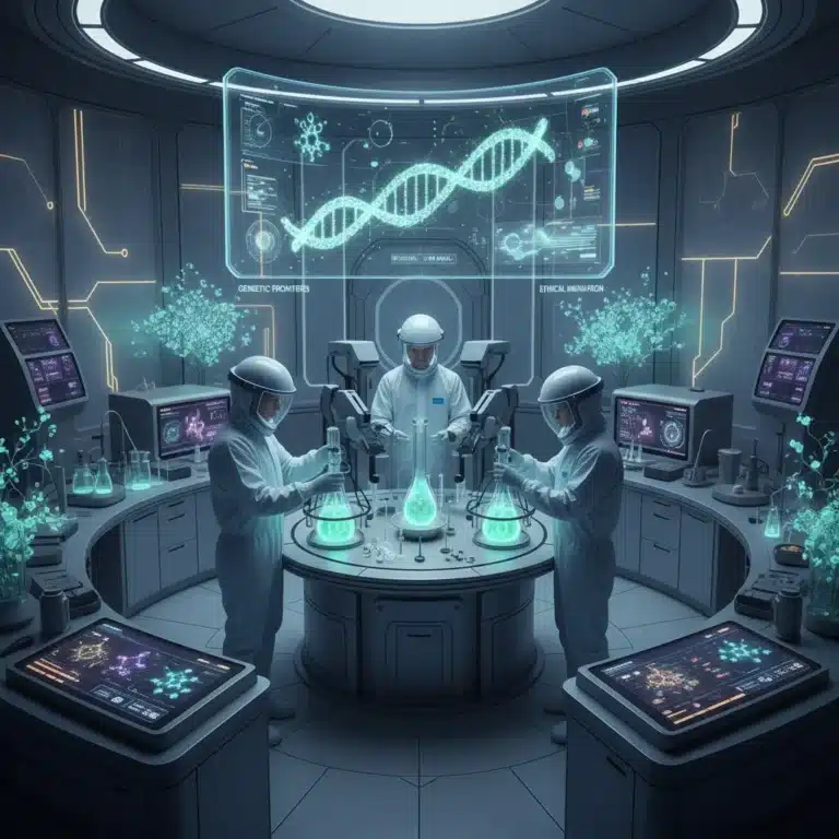 Scientists conducting synthetic biology research in a modern lab, emphasizing ethical considerations and future development.