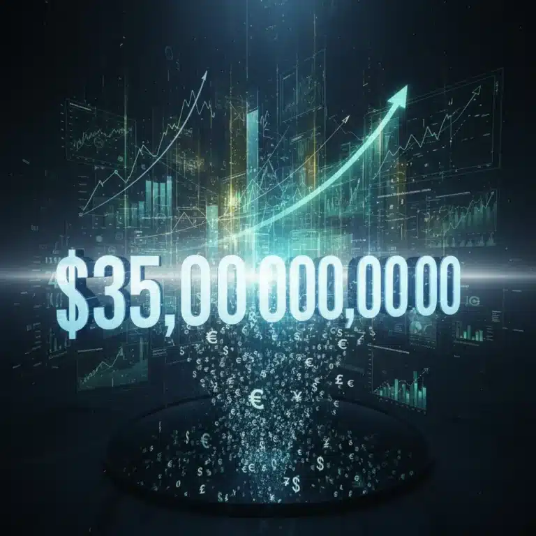 Illustration of U.S. national debt reaching $35 trillion with economic indicators