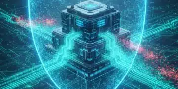 AI-powered cybersecurity shield protecting a modern data center from digital threats.