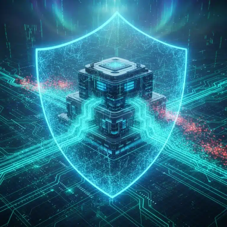 AI-powered cybersecurity shield protecting a modern data center from digital threats.