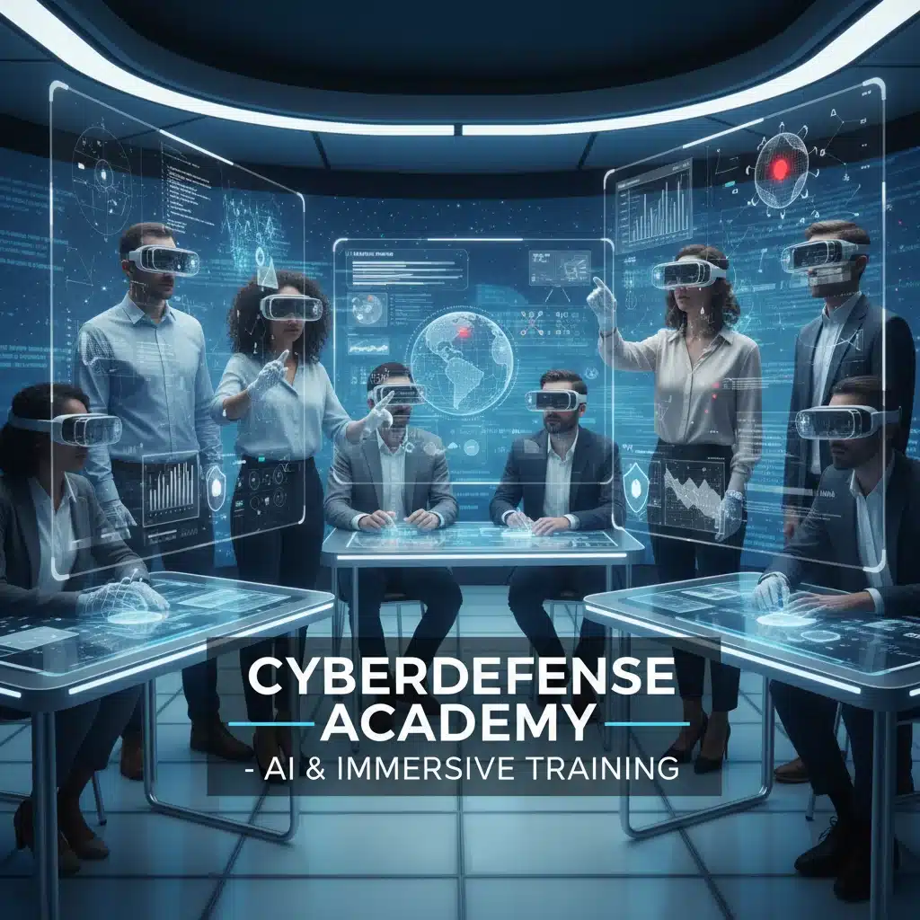 Professionals undergoing advanced AI cybersecurity training with virtual reality tools.
