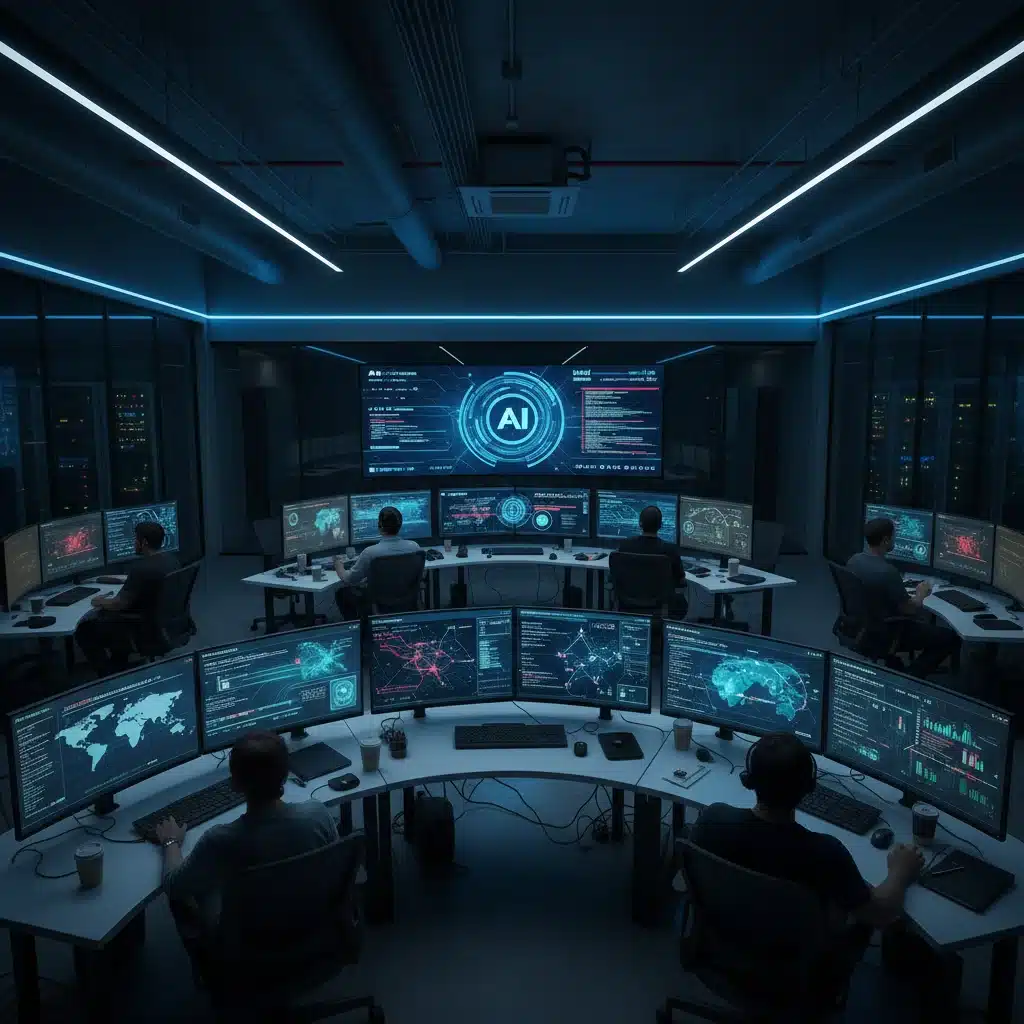 AI-driven security operations center with analysts monitoring real-time threat intelligence.