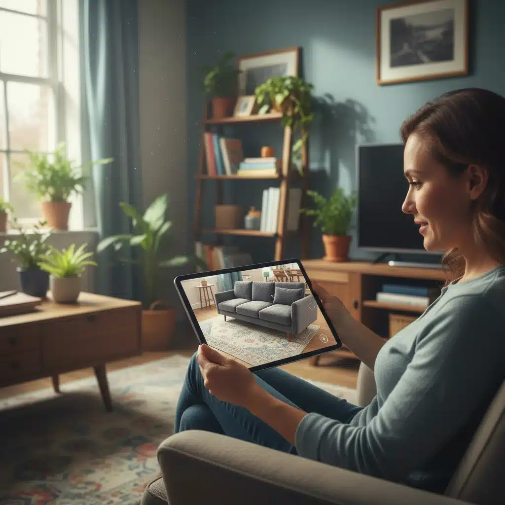 Homeowner virtually placing a new sofa into their living room using an augmented reality furniture app on a tablet.