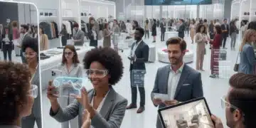 Shoppers using augmented reality in a futuristic retail store, trying on virtual glasses and placing furniture in a digital home.